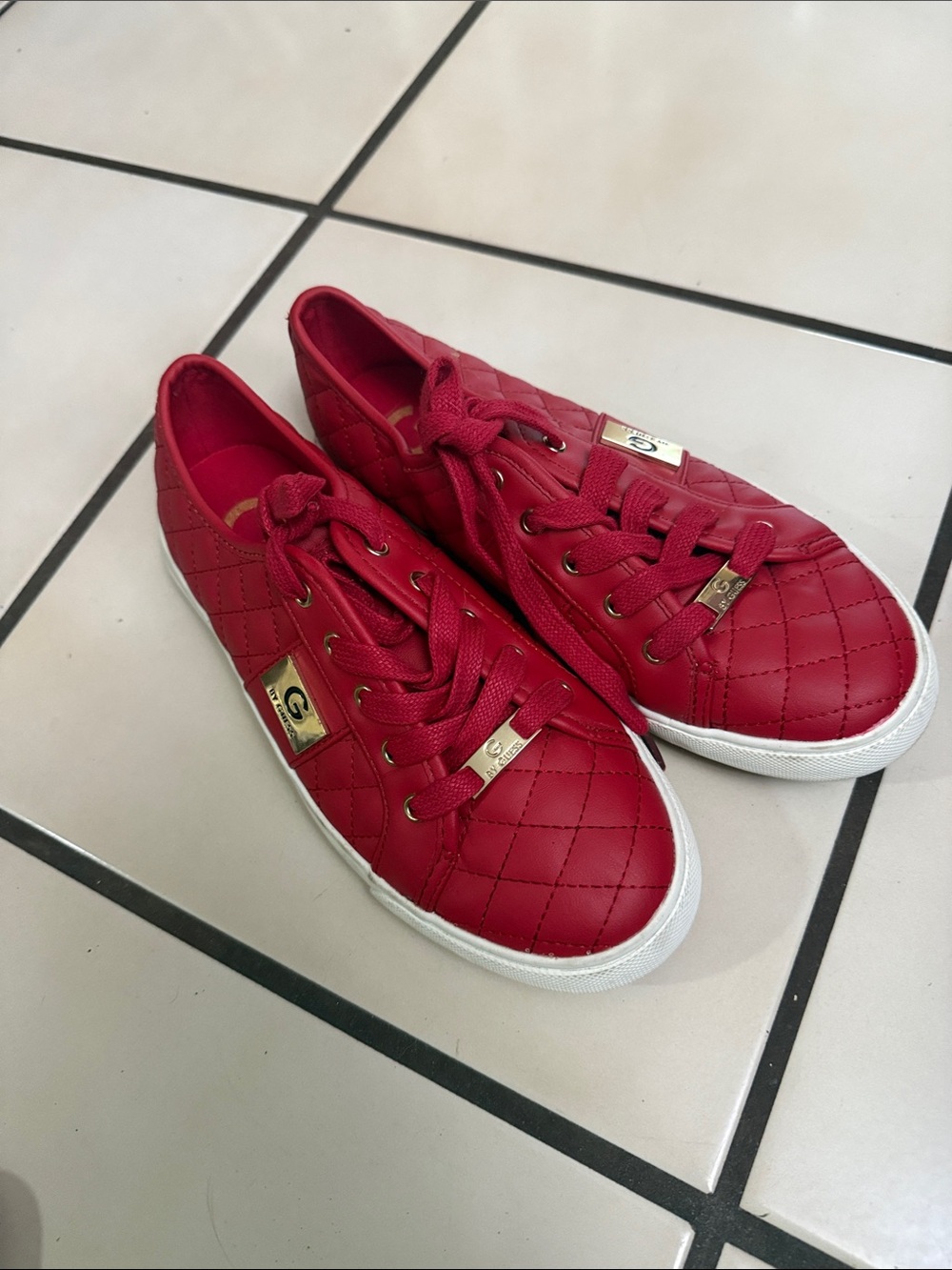 G by Guess Quilted Red Lace-Up Sneakers with White Sole and Gold Hardware